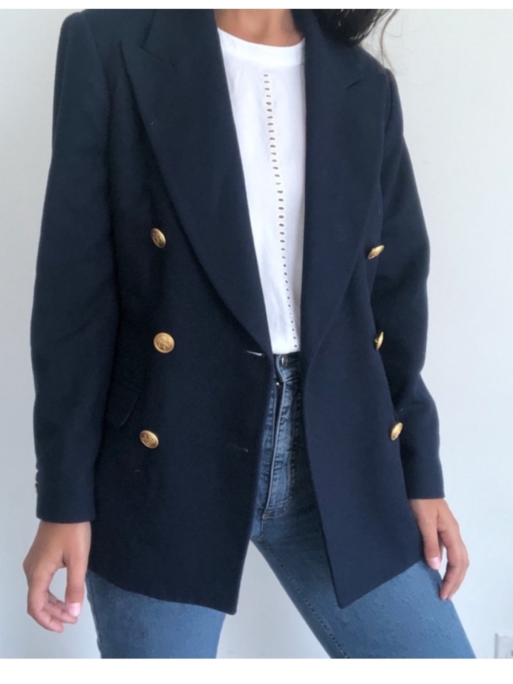 Talbots Vintage Navy Blue Double Breasted Blazer Jacket Gold Buttons Size 10